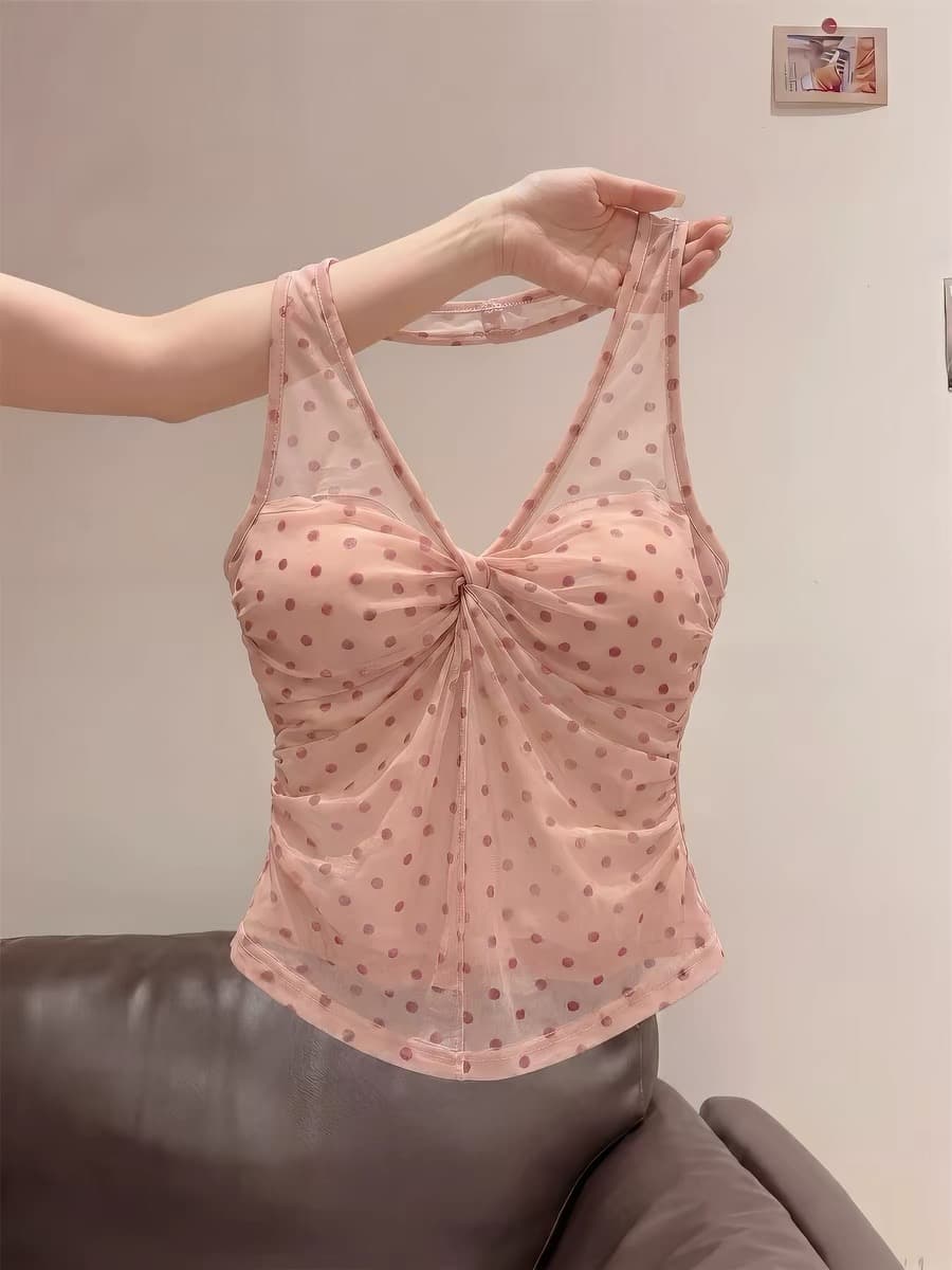 핑크색 핫걸 행침 목 도트 무늬 비틀림 캐미솔 여름 아메리칸 작은 대중 디자인 센스 민소매 쇼트 스타일 맨위 이미지 2