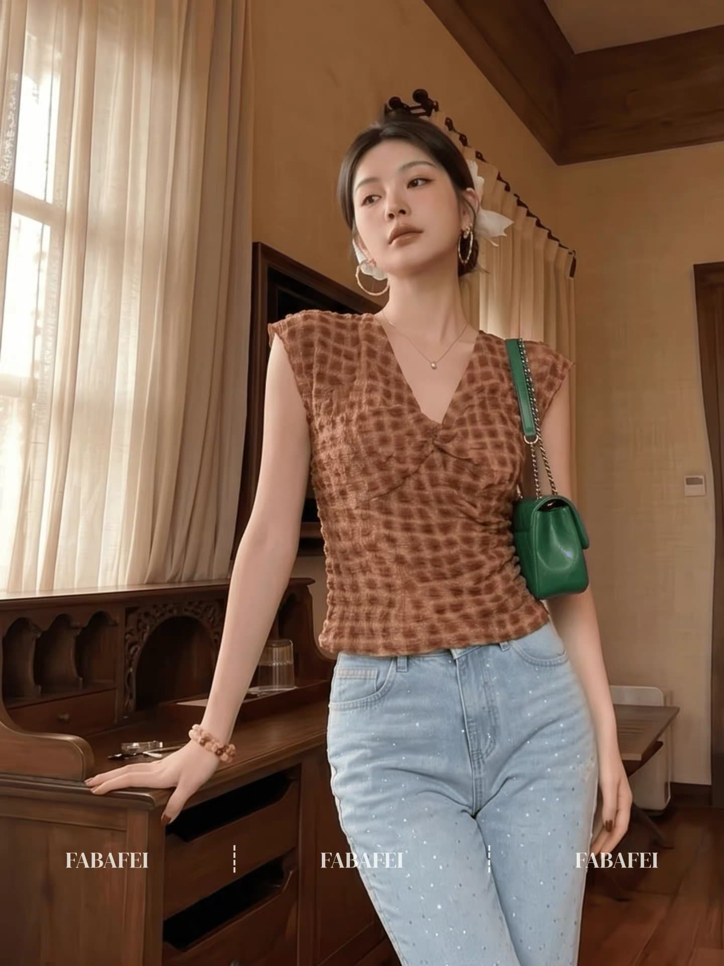 빛 요리 한 로얄 자매 바람 비틀림 V넥 조끼 여성 여름 새로운 배색 체크무늬 작은 날다 소매 티셔츠 작은 키 슬림해 보이는 맨위 상세 이미지 2