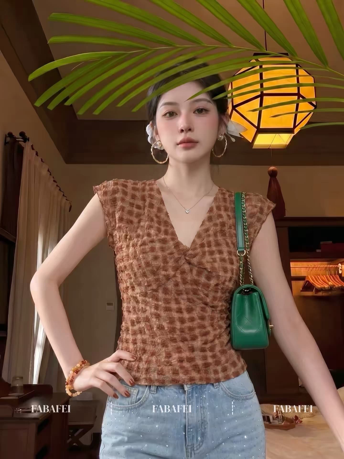 빛 요리 한 로얄 자매 바람 비틀림 V넥 조끼 여성 여름 새로운 배색 체크무늬 작은 날다 소매 티셔츠 작은 키 슬림해 보이는 맨위 상세 이미지 3