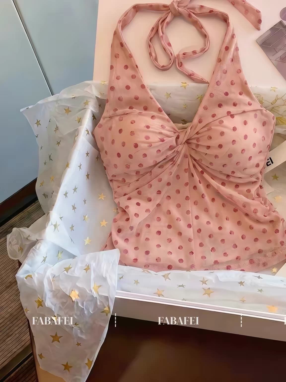 핑크색 핫걸 도트 무늬 행침 목 캐미솔 여름 디자인 센스 작은 대중 섹시함 몸매 가꾸기 비틀림 민소매 맨위 상세 이미지 2