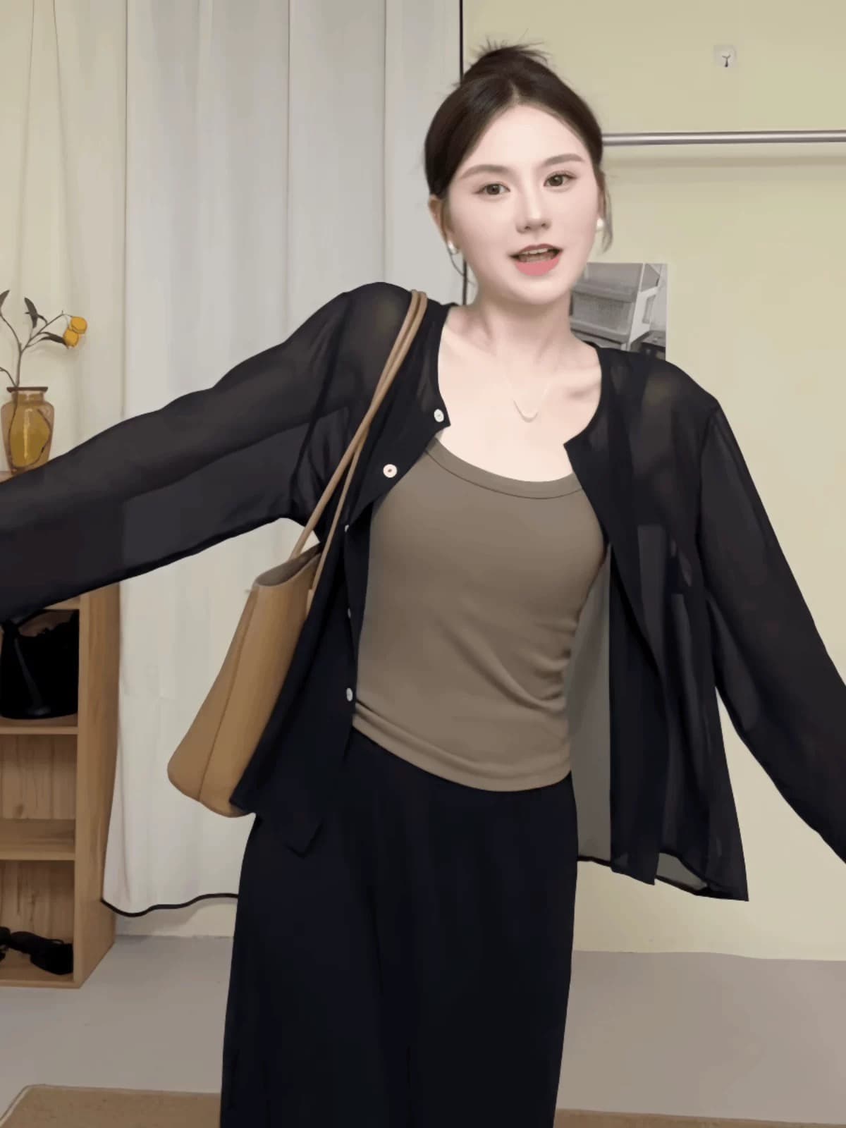 외국 가스 라운드 넥 싱글 줄 버튼 긴팔 셔츠 여름 드레스 신제품 세련된 연령 감소 마이크로 ~을 통해 자외선 차단 의류 외부 가져 가라. 얇은 스타일 재킷 상세 이미지 2