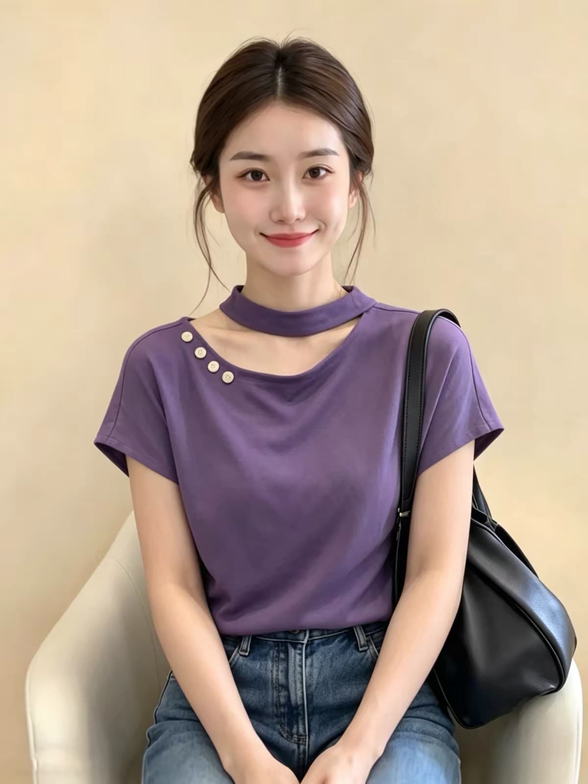 올해 인기 폭발 단추 장식 행침 목 반팔 티셔츠 여성 여름 고유 한 아름다운 연령 감소 섹션 루즈핏 맨위