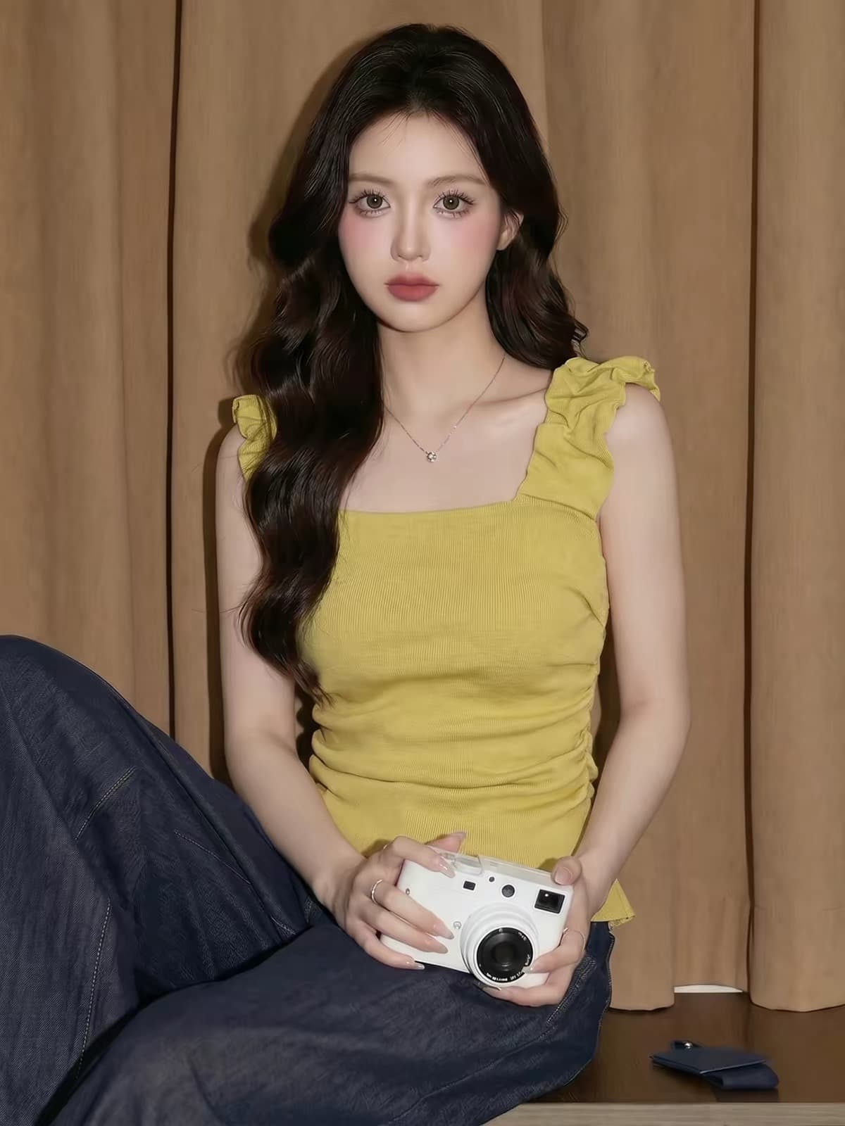 황색 민소매 캐미솔 여름 도파민 태국 사람 스타일 고유 한 아름다운 사소한 아름다운 해변가 외출용 작은 맨위 상세 이미지 1