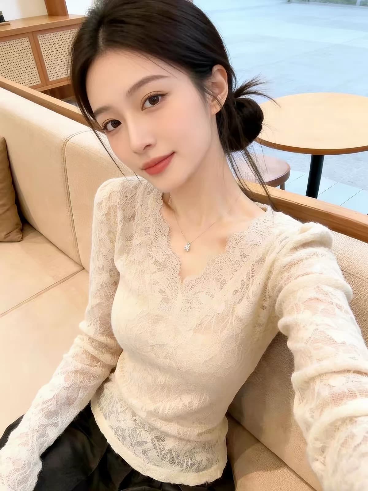 프랑스식 빛 요리 한 바람 V넥 레이스 레이스 홀로우 아웃 맨위 여성 몸매 가꾸기 긴팔 기본 셔츠 부드러운 바람 인사이드 잡아라. 의류 상세 이미지 1