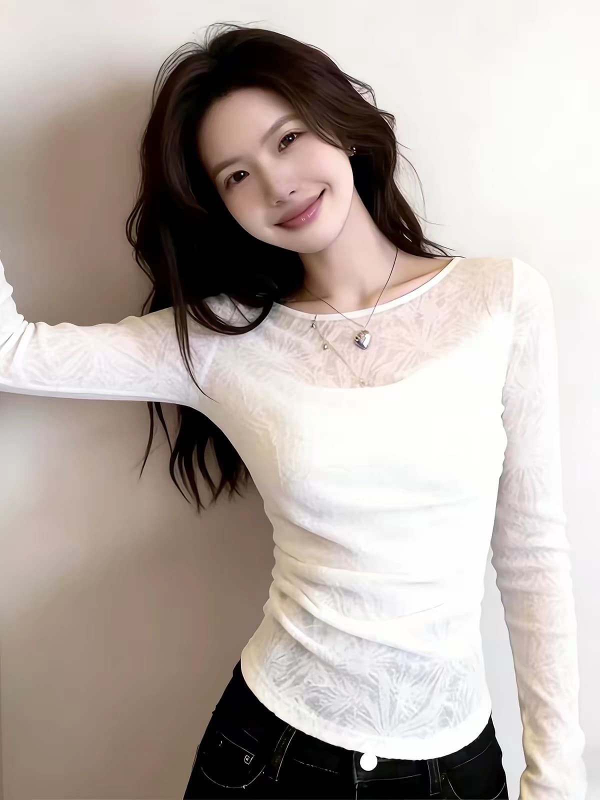 고급 절묘한 자수 나팔 긴팔 티셔츠 조기 봄 착용 가져 가라. 레이스 기본 셔츠 여성 디자인 센스 몸매 가꾸기 맨위 상세 이미지 2
