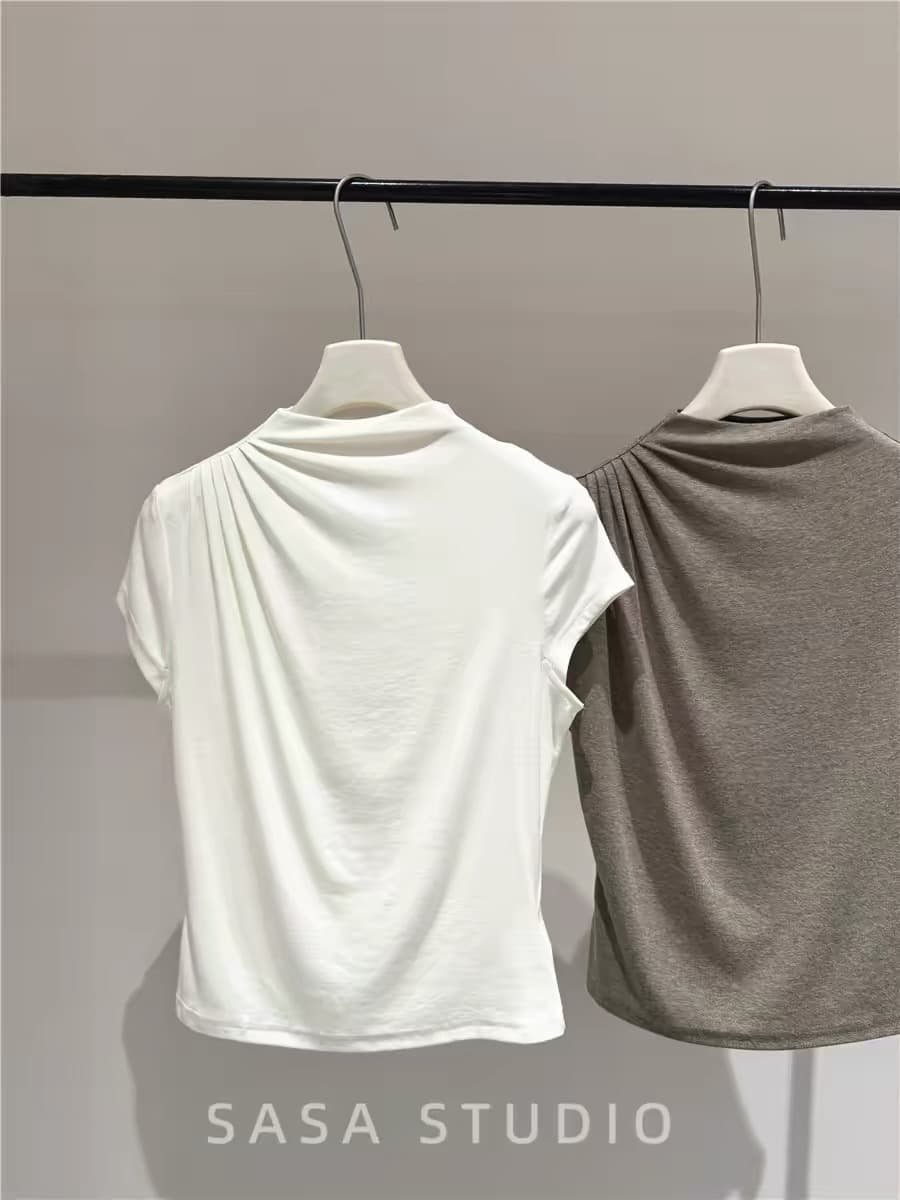 가을 작은 대중 디자인 반하이넥 반팔 티셔츠 여성 한국 스타일 다용도 주름 몸매 가꾸기 슬림해 보이는 기본 셔츠 맨위 트렌디 이미지 3