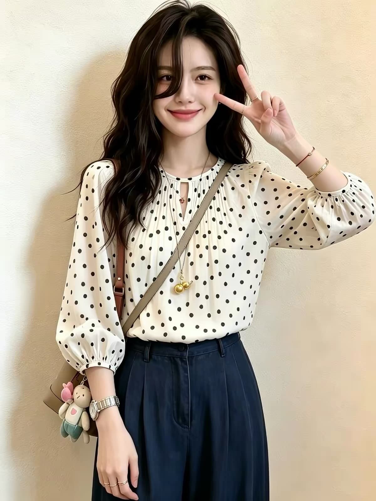 프랑스식 도트 무늬 긴팔 셔츠 여자 조기 가을 디자인 센스 여성 홀로우 아웃 자이언트 잘 생긴 작은 셔츠 셔츠 맨위 서비스 상세 이미지 2