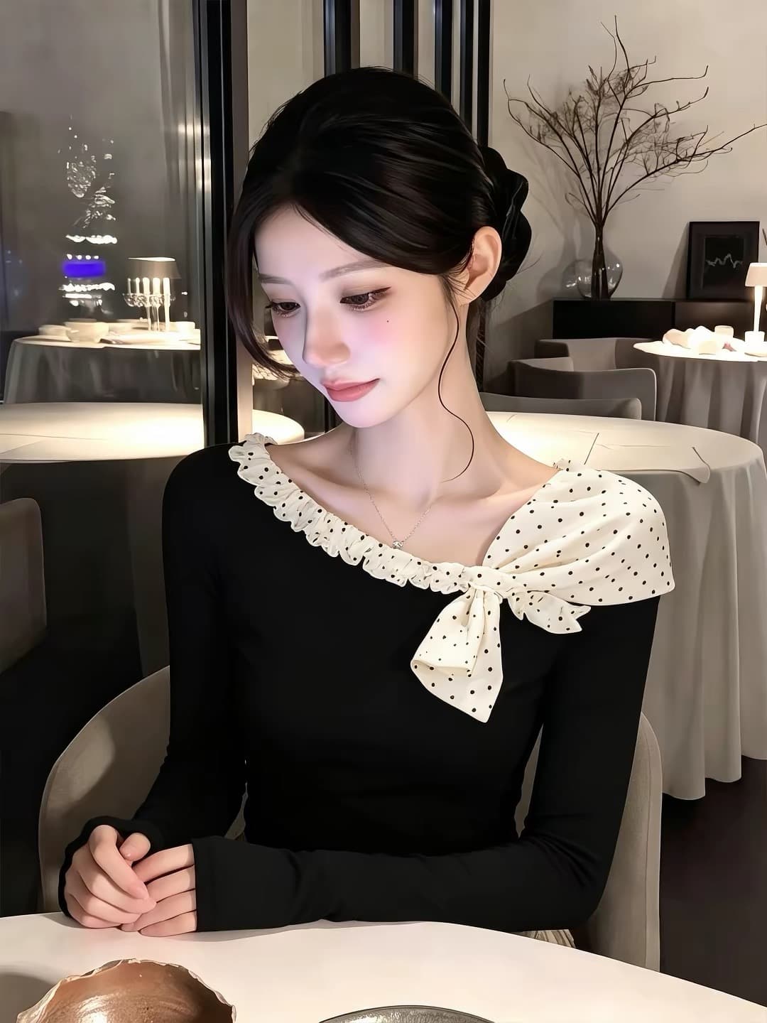 프랑스식 도트 무늬 레이스업 검정색 긴팔 티셔츠 이른 가을 여성 의류 디자인 센스 작은 대중 기본 셔츠 몸매 가꾸기 인사이드 잡아라. 의류 상세 이미지 1