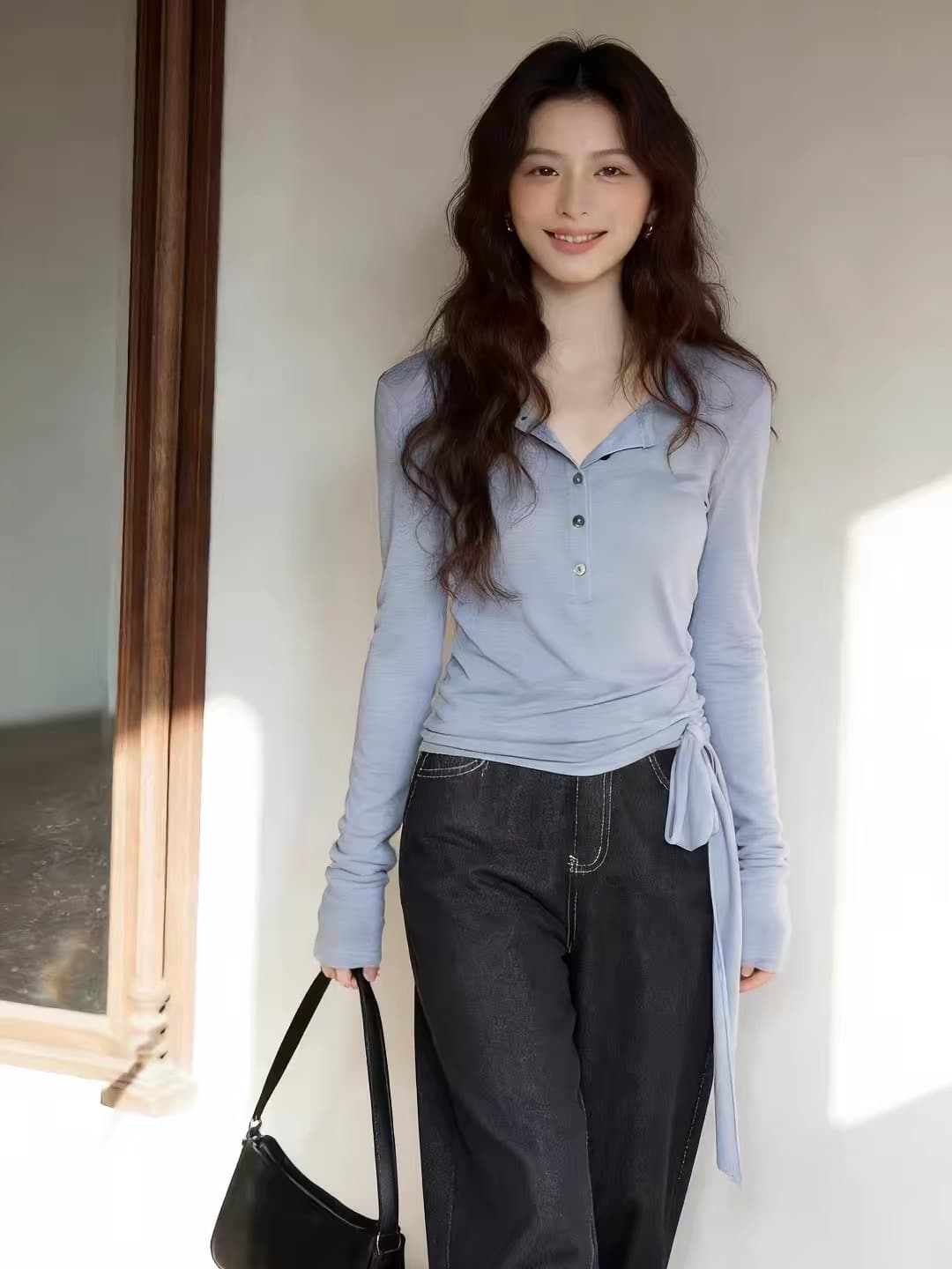 한 부서 이른 가을 슈퍼 잘 생긴 ~ 중 하늘색 스트랩 맨위 여성 봄 새로운 긴팔 티셔츠 디자인 센스 작은 대중 이미지 4