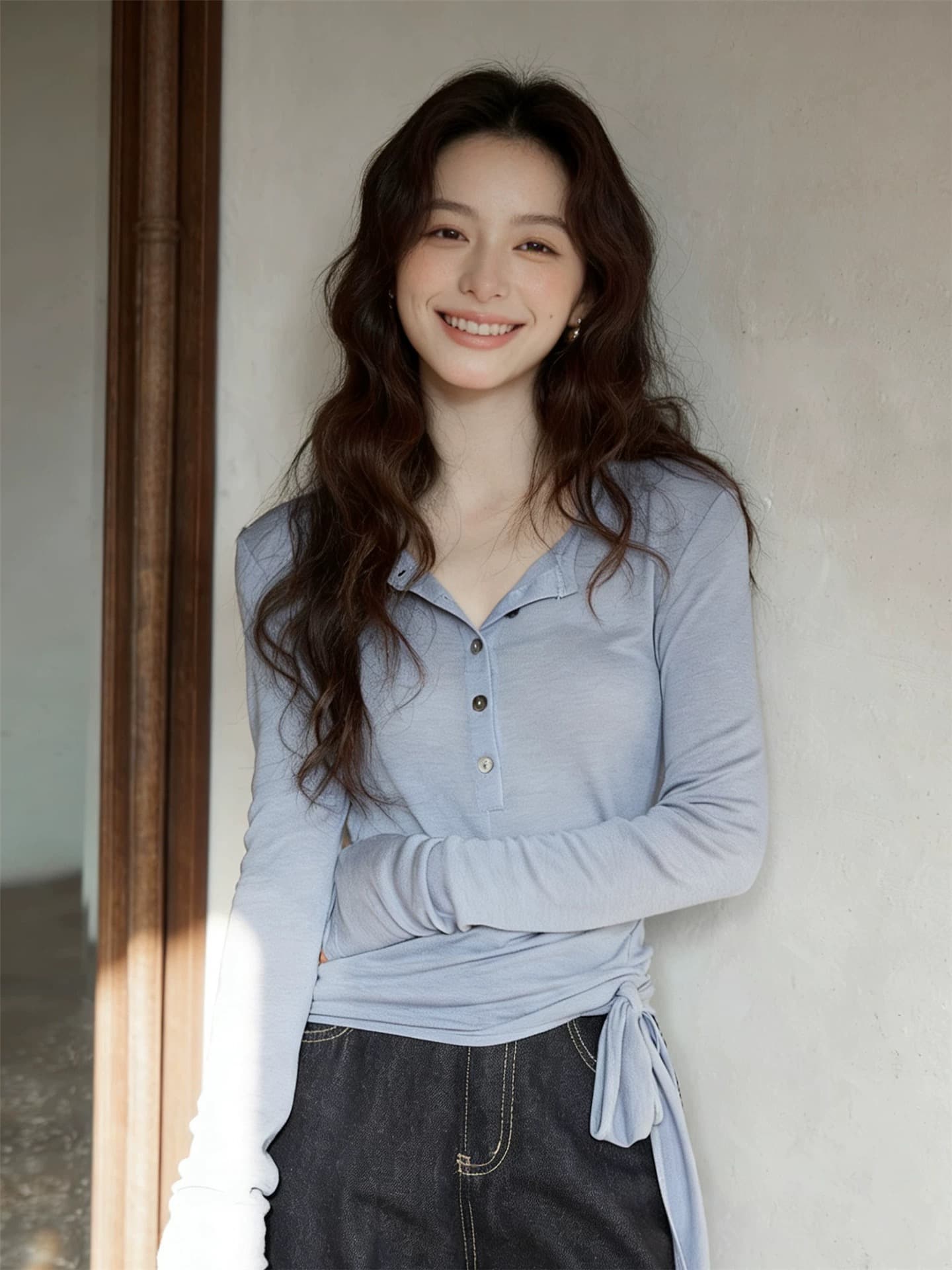 한 부서 이른 가을 슈퍼 잘 생긴 ~ 중 하늘색 스트랩 맨위 여성 봄 새로운 긴팔 티셔츠 디자인 센스 작은 대중 상세 이미지 1