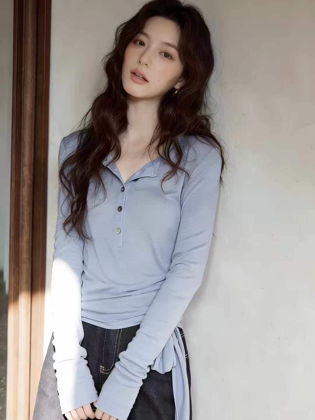 한 부서 이른 가을 슈퍼 잘 생긴 ~ 중 하늘색 스트랩 맨위 여성 봄 새로운 긴팔 티셔츠 디자인 센스 작은 대중 상세 이미지 2