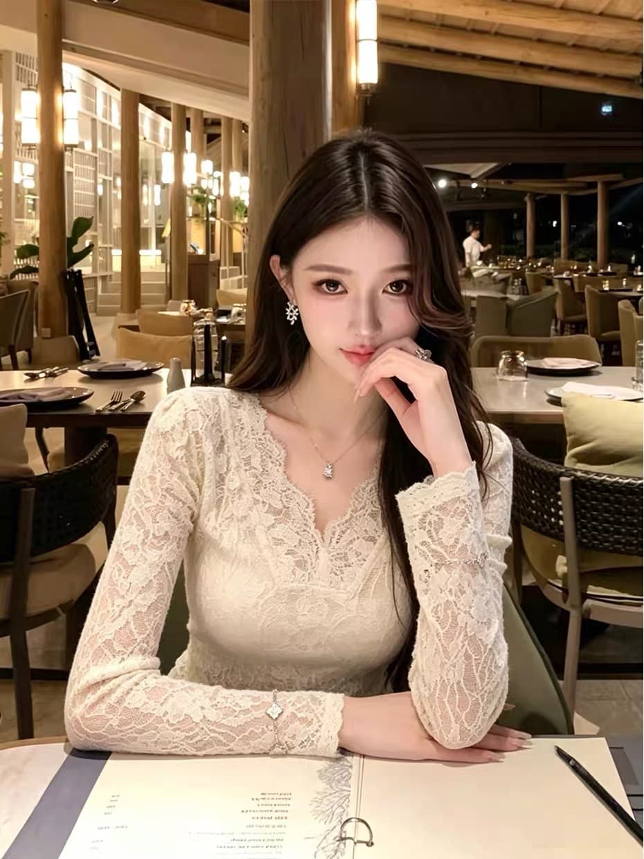 프랑스식 V넥 레이스 레이스 홀로우 아웃 맨위 여성 봄 가을 몸매 가꾸기 긴팔 기본 셔츠 부드러운 바람 인사이드 잡아라. 의류 상세 이미지 2