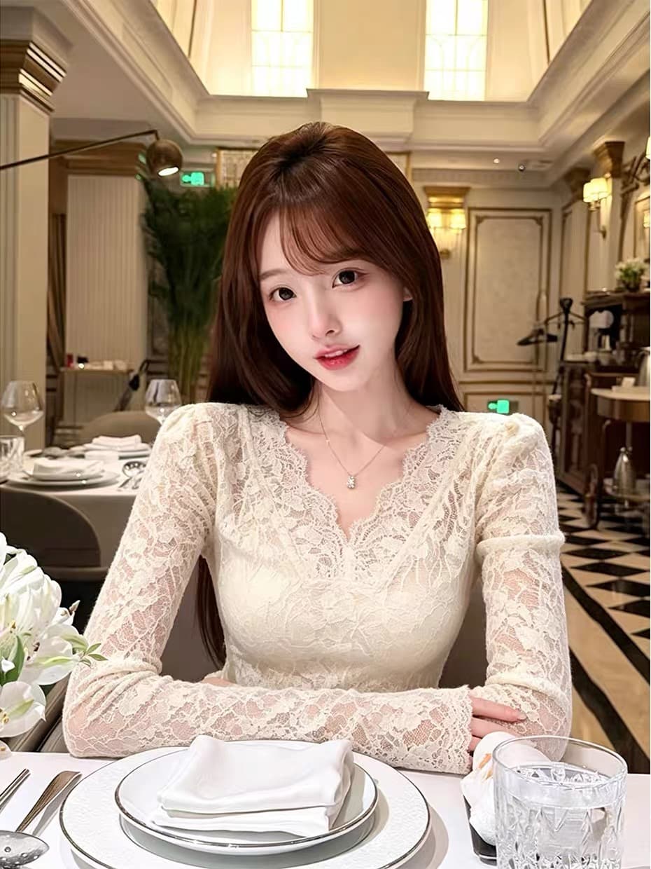 프랑스식 V넥 레이스 레이스 홀로우 아웃 맨위 여성 봄 가을 몸매 가꾸기 긴팔 기본 셔츠 부드러운 바람 인사이드 잡아라. 의류 상세 이미지 4