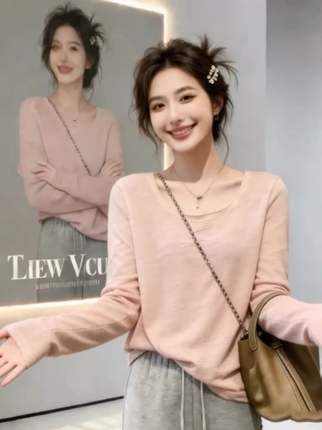 u 칼라 핑크색 대나무 마디 면 긴팔 티셔츠 여성 가을 2026 슈퍼 화재 연령 감소 품격 한 부서 고급 사소한 작은 맨위 이미지 2