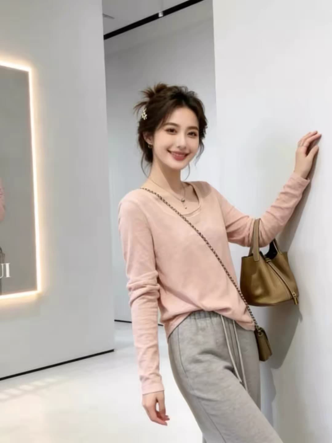 u 칼라 핑크색 대나무 마디 면 긴팔 티셔츠 여성 가을 2026 슈퍼 화재 연령 감소 품격 한 부서 고급 사소한 작은 맨위 이미지 3