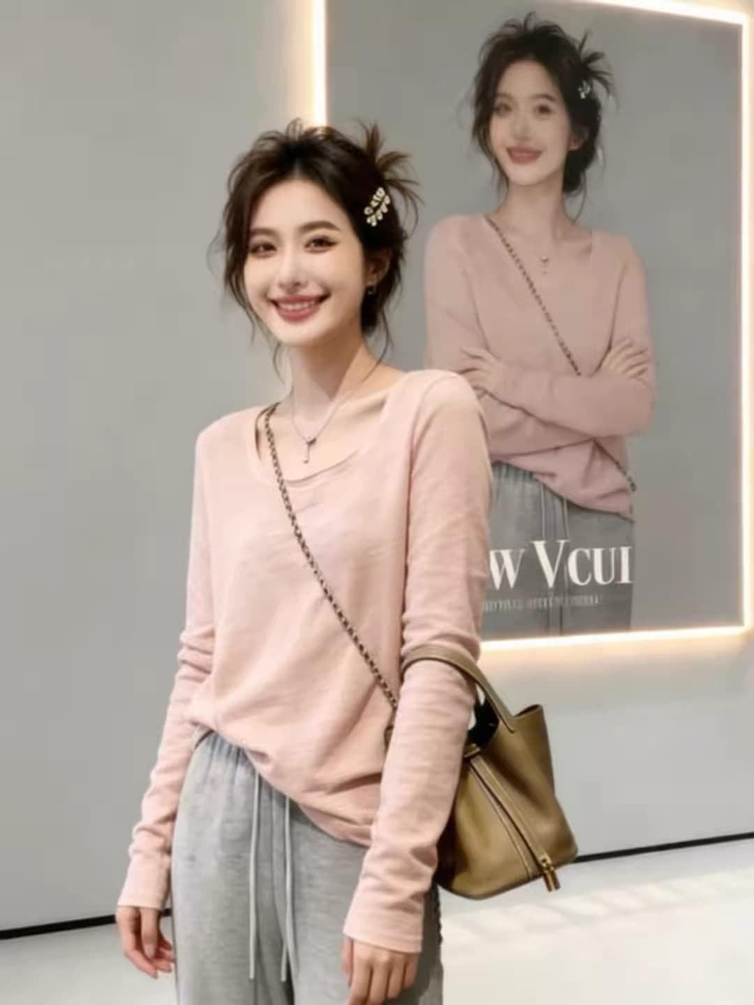 u 칼라 핑크색 대나무 마디 면 긴팔 티셔츠 여성 가을 2026 슈퍼 화재 연령 감소 품격 한 부서 고급 사소한 작은 맨위 상세 이미지 1