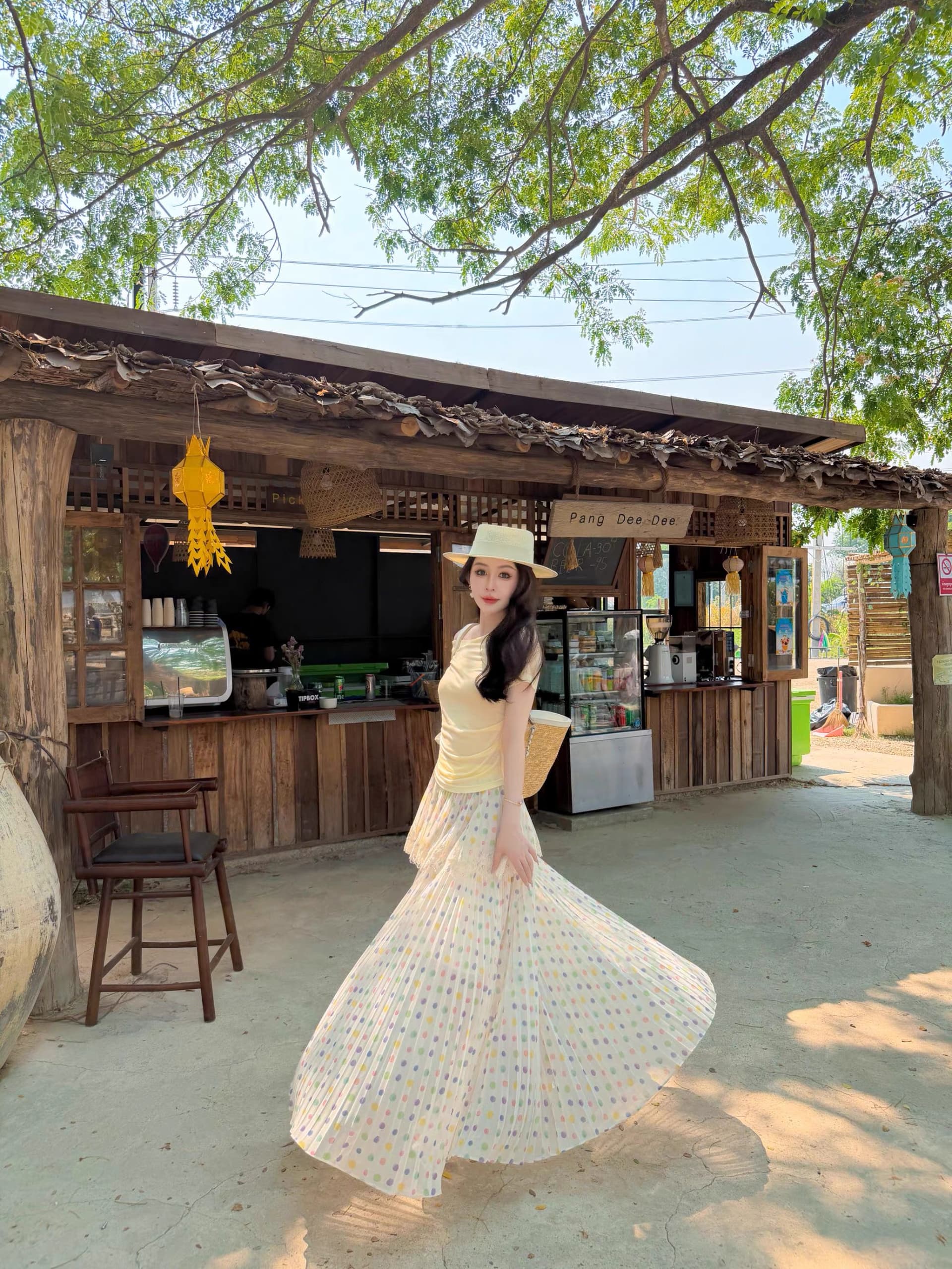 유 시아 오시 아오 휴일 남자 웨이브 몽환 광택 현 색상 도트 무늬 배색 레이스 이중층 플리츠 밴딩 반 스커트 상세 이미지 2