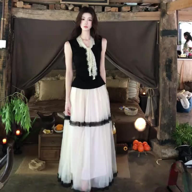 무쯔리 목자이 ~ 중 리 부드러운 우아한 잉크 실 부드러운 레트로 망사 반 스커트 우아한 도루 가을 센스 분위기 센스 실 세트 이미지 5