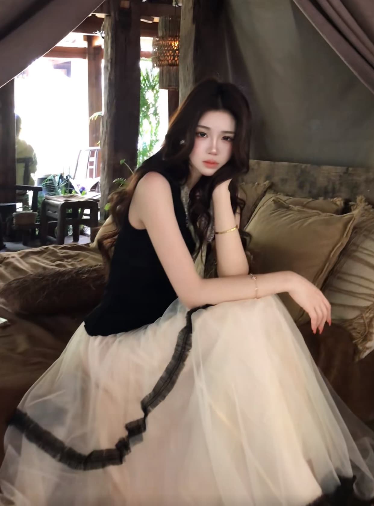 무쯔리 목자이 ~ 중 리 부드러운 우아한 잉크 실 부드러운 레트로 망사 반 스커트 우아한 도루 가을 센스 분위기 센스 실 세트 이미지 4