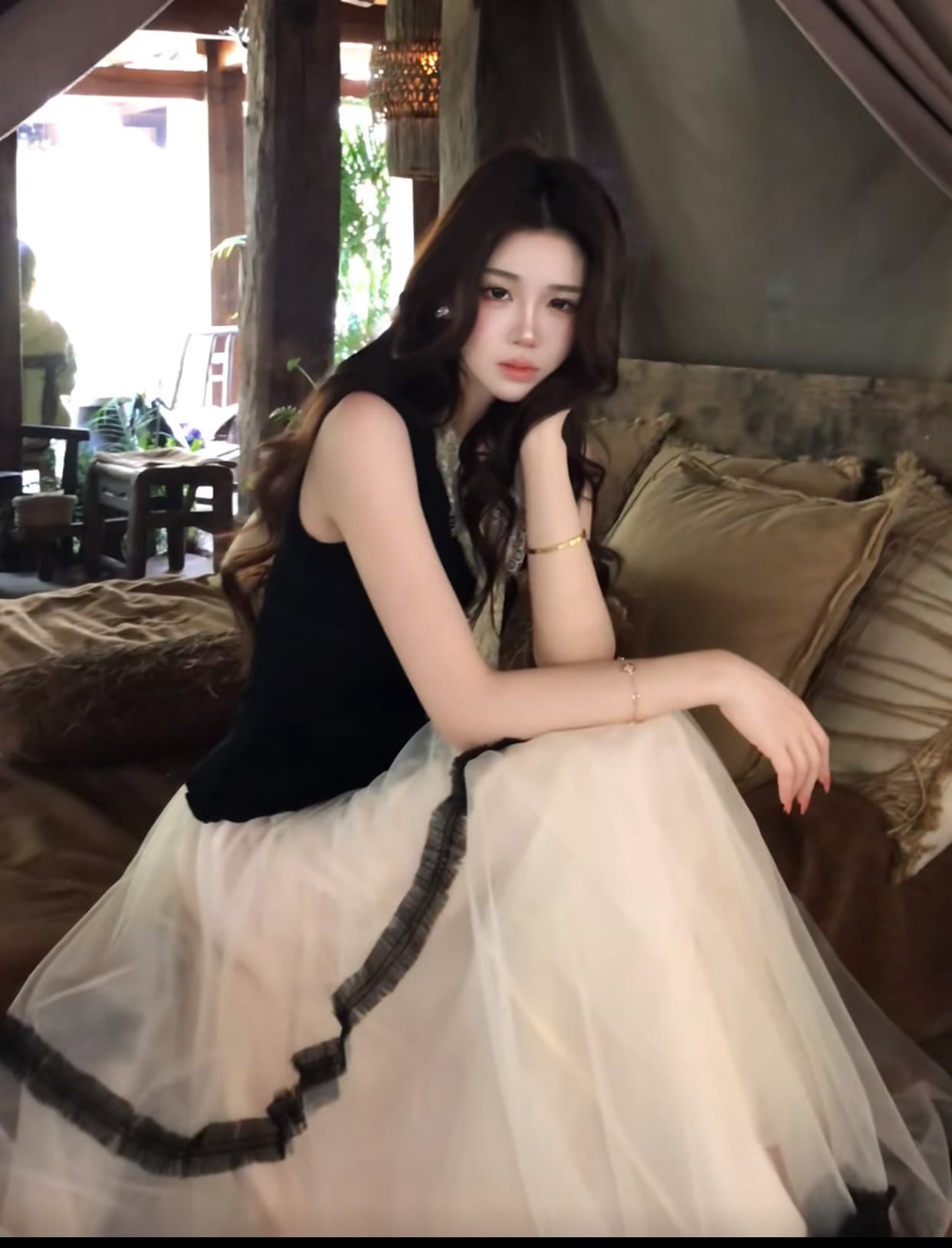 무쯔리 목자이 ~ 중 리 부드러운 우아한 잉크 실 부드러운 레트로 망사 반 스커트 우아한 도루 가을 센스 분위기 센스 실 세트 상세 이미지 2