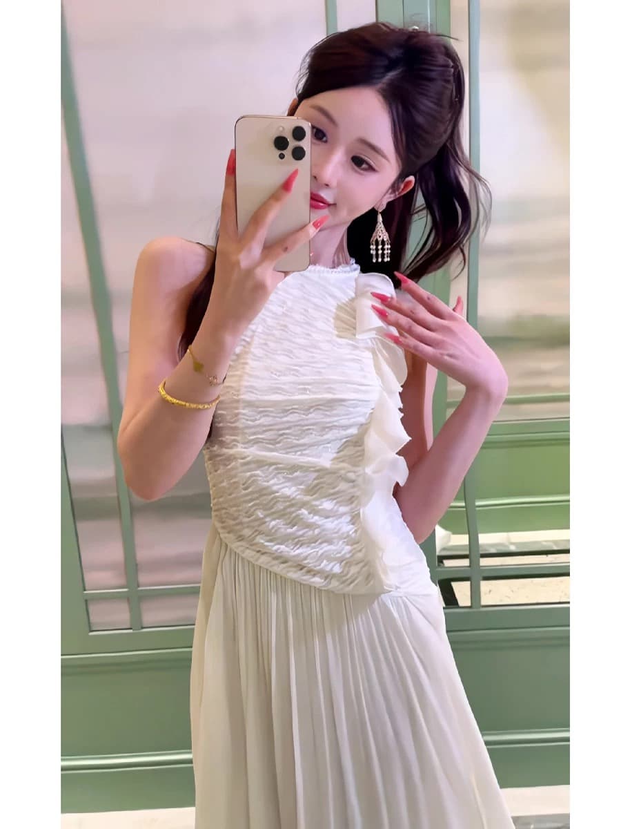 프랑스식 부드러운 바람 화이트 행침 목 민소매 여성 드레스 여름 프릴 패치워크 허리 수축 슬림해 보이는 품격 롱 스커트 상세 이미지 2