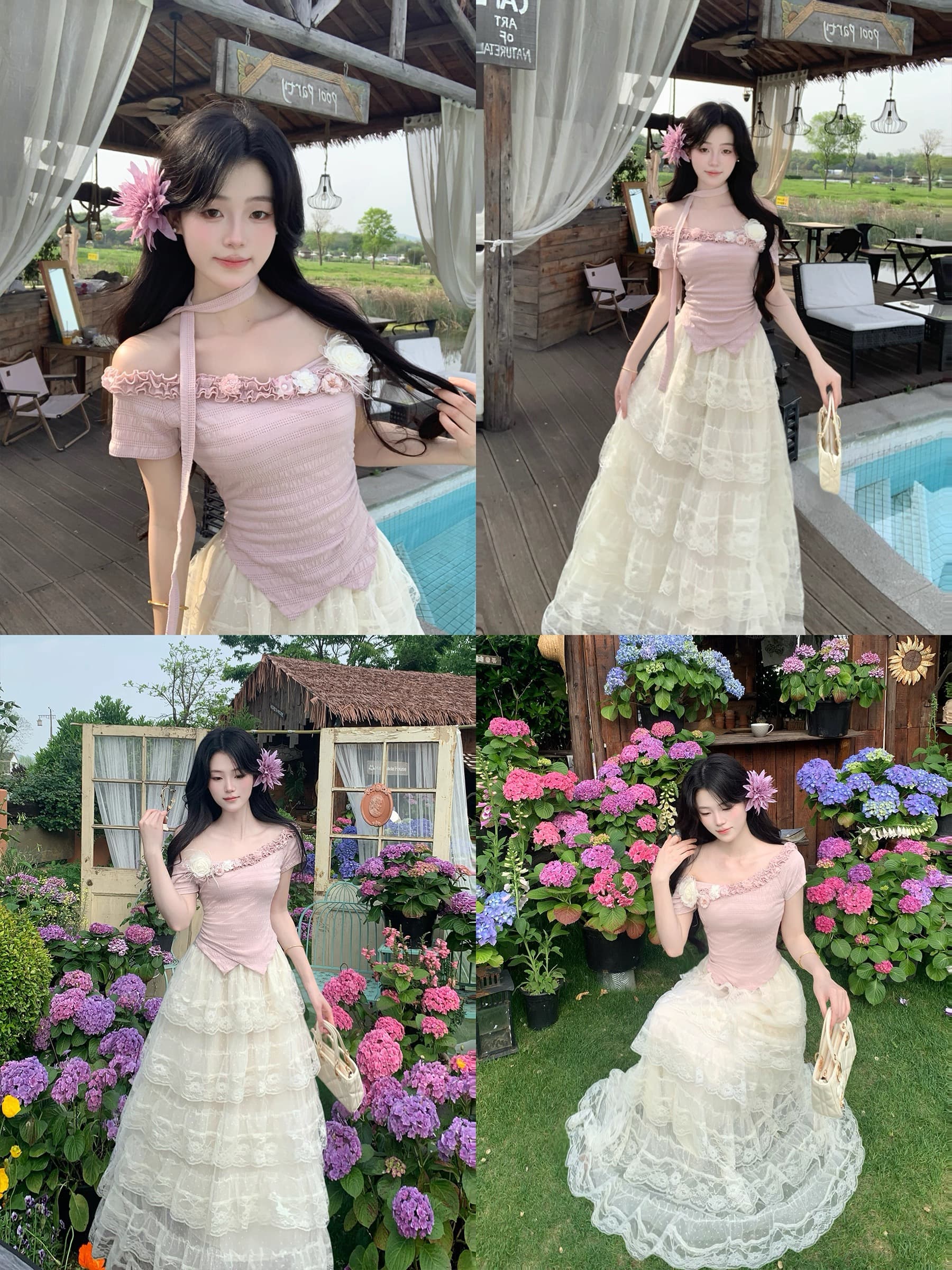 히비스커스 라 반사하다 여름 순수한 욕망 행침 목 오프숄더 허리 수축 니트 맨위 케이크 드레스 투피스 세트 이미지 4