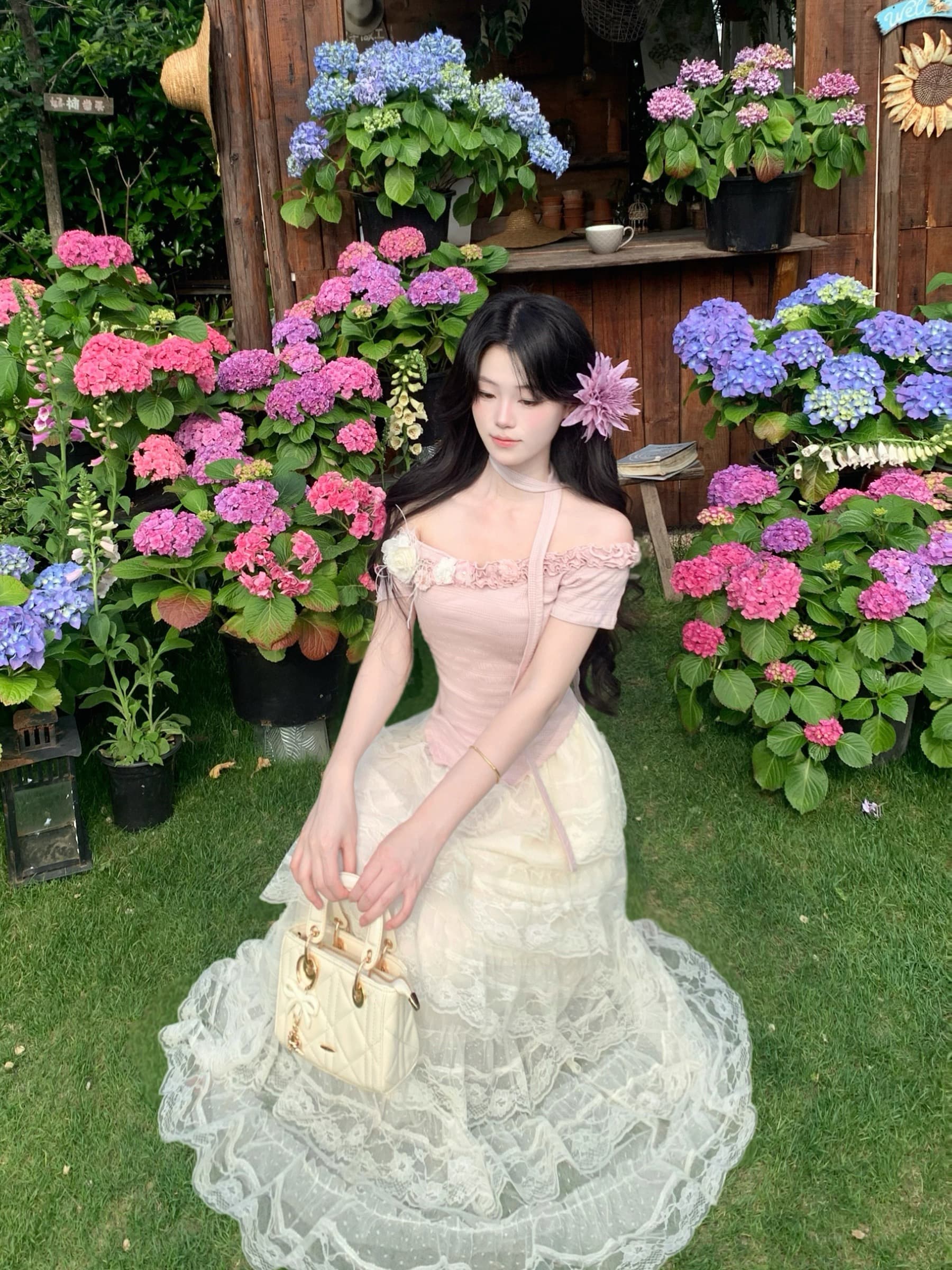 히비스커스 라 반사하다 여름 순수한 욕망 행침 목 오프숄더 허리 수축 니트 맨위 케이크 드레스 투피스 세트 상세 이미지 3