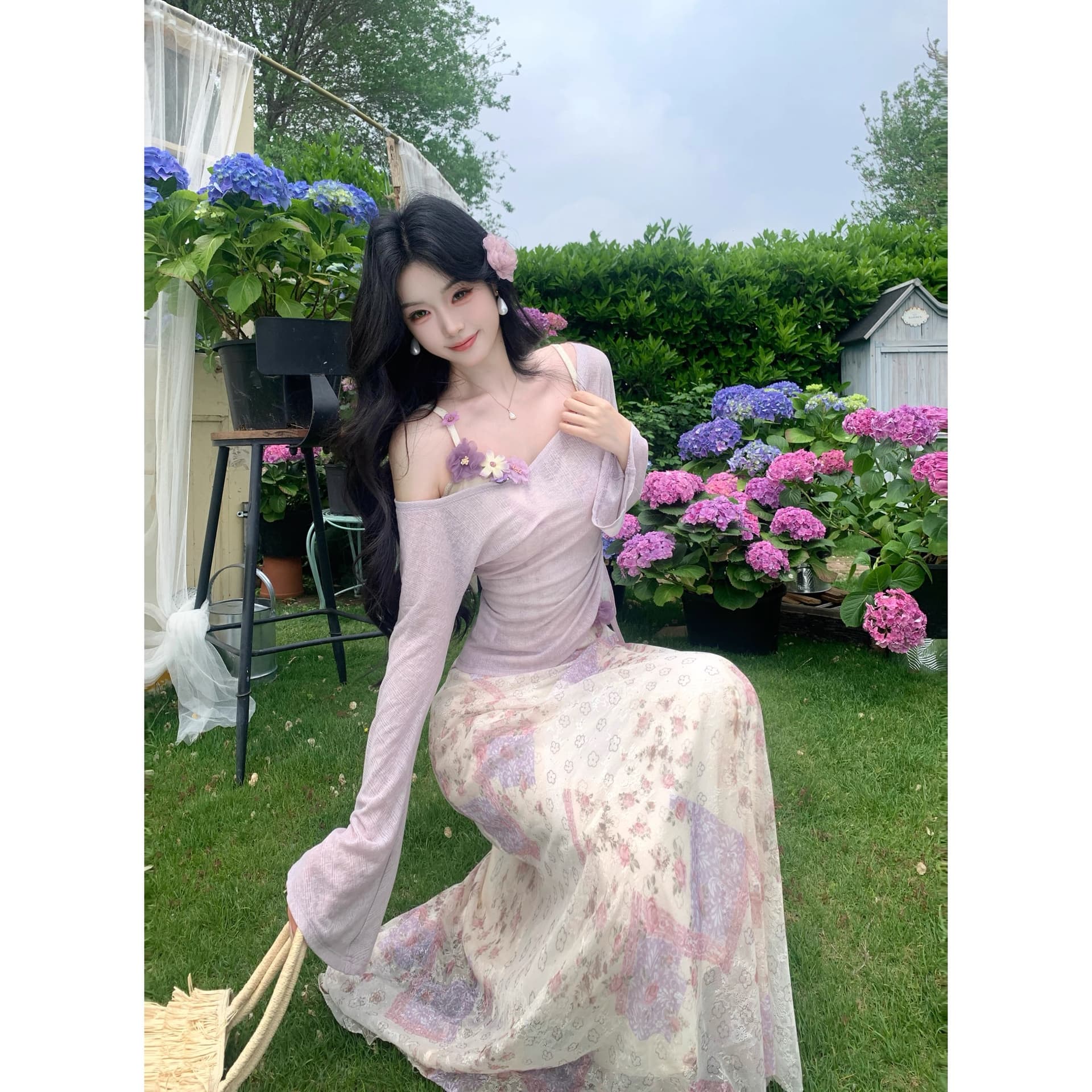 멀 베리 녹색 와인 분위기 센스 자외선 차단 블라우스 꽃무늬 슬립 드레스 상세 이미지 3