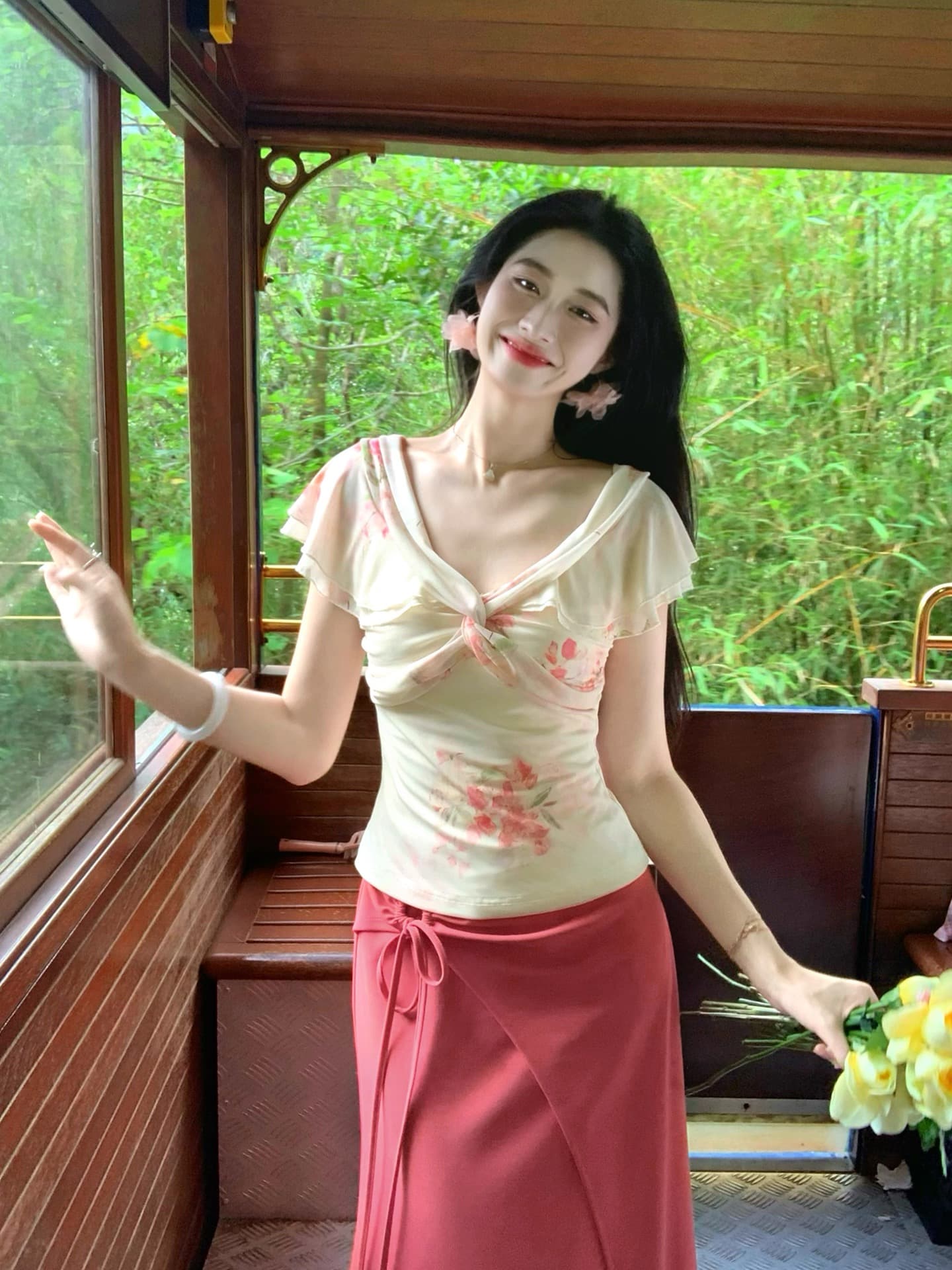 5.31new 조기 10시 하프 신제품 켜기 새로운 77 접기 프랑스식 복숭아 핑크색 불규칙 스트랩 반신 스커트 상세 이미지 3