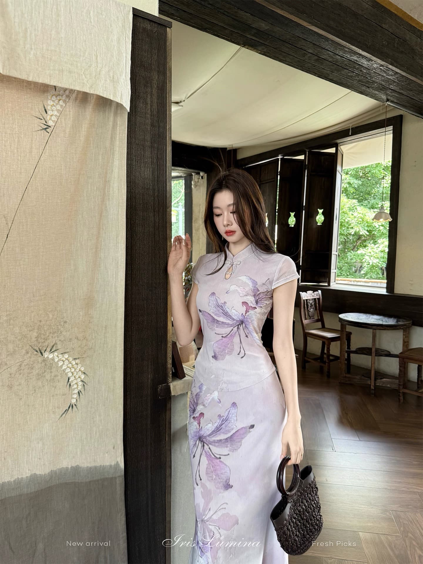 iris lumina 예약하기 어둡고 조용한 여름 연 원 웨이 품격 세트 여름 헤일로 염색 프린트 품격 투피스 세트 상세 이미지 3