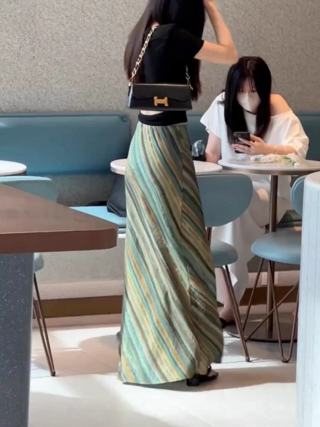 한 부서 느슨함 센스 레트로 녹색 비스듬한 스트라이프 프린트 롱 스커트 도루 센스 인어 꼬리 캐주얼 얇은 스타일 반신 스커트 여름 상세 이미지 1