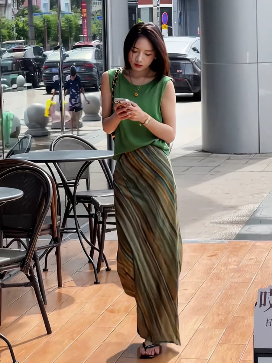 프랑스식 휴가 바람 배색 스트라이프 타이트 스커트 인어 꼬리 롱 스커트 여성 여름 품격 민소매 조끼 맨위 투피스 슈트 상세 이미지 1