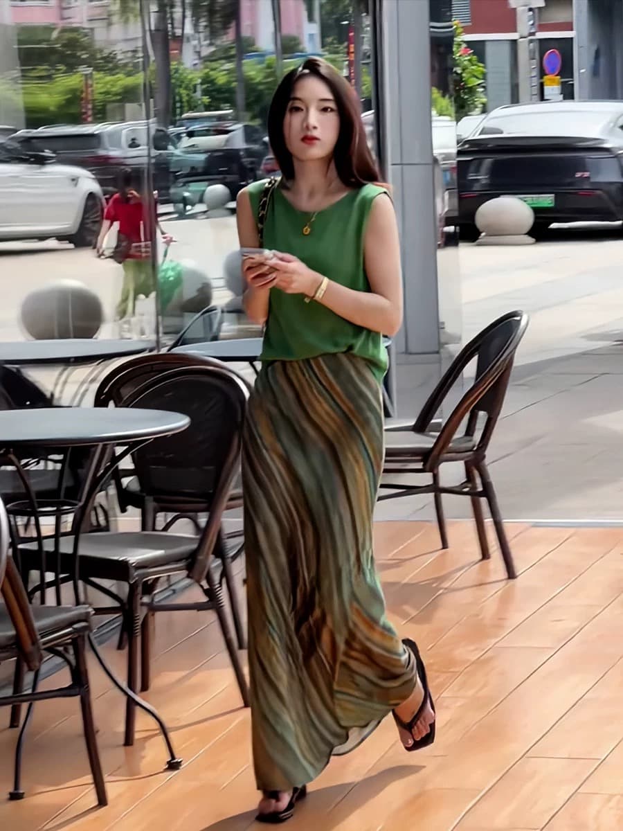 프랑스식 휴가 바람 배색 스트라이프 타이트 스커트 인어 꼬리 롱 스커트 여성 여름 품격 민소매 조끼 맨위 투피스 슈트 상세 이미지 2
