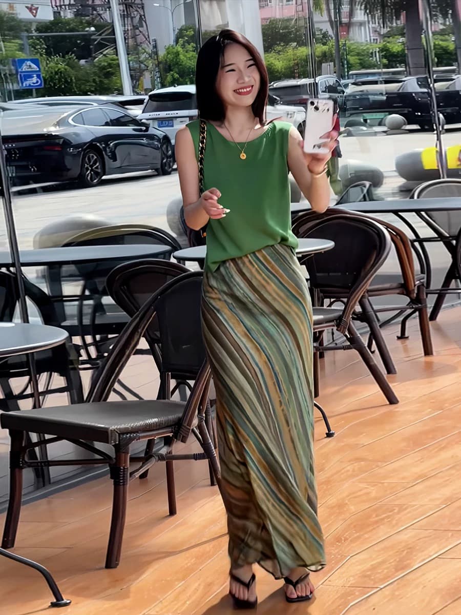 프랑스식 휴가 바람 배색 스트라이프 타이트 스커트 인어 꼬리 롱 스커트 여성 여름 품격 민소매 조끼 맨위 투피스 슈트 상세 이미지 4
