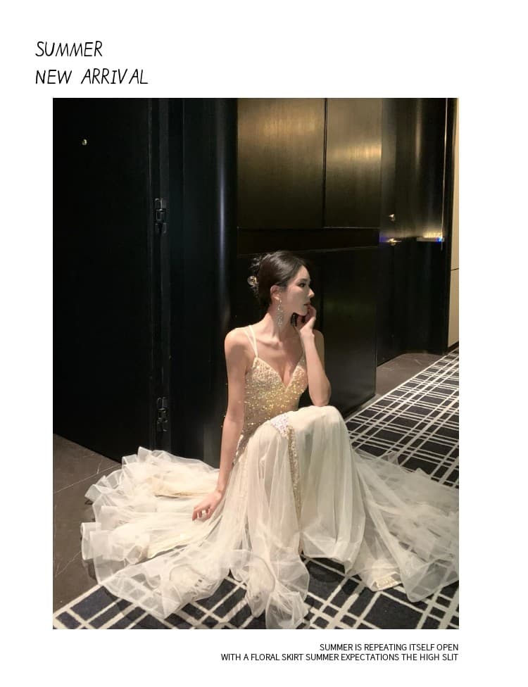 실사 섹시함 스팽글 샴페인 드레스 연회 성인식 슬립 예술 시험 품질 예복 상세 이미지 9