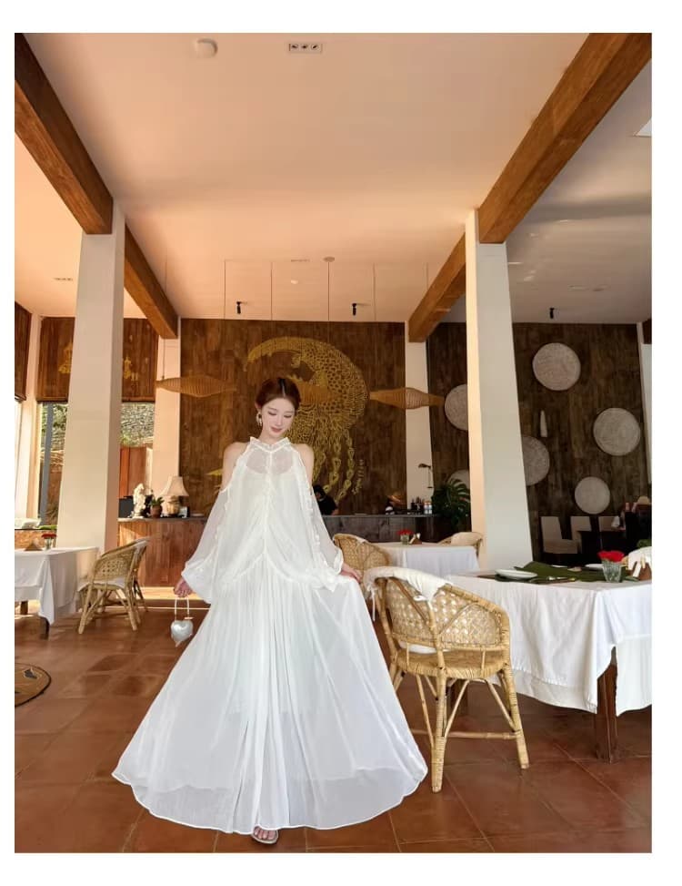 실사 여름 새로운 품격 부드러운 바람 요정 요정 프랑스식 오프숄더 롱 코트 드레스 상세 이미지 18