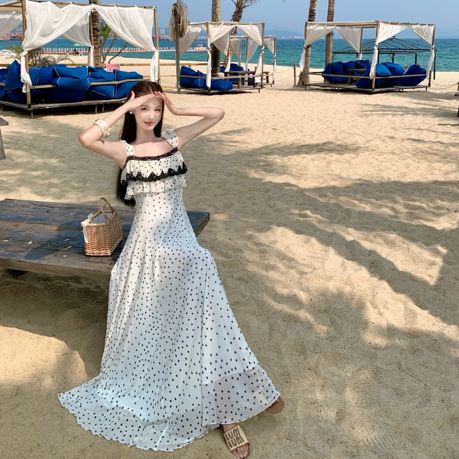 실사 디자인 센스 레이스 조각 도트 무늬 슬립 드레스 휴가 치마 이미지 2