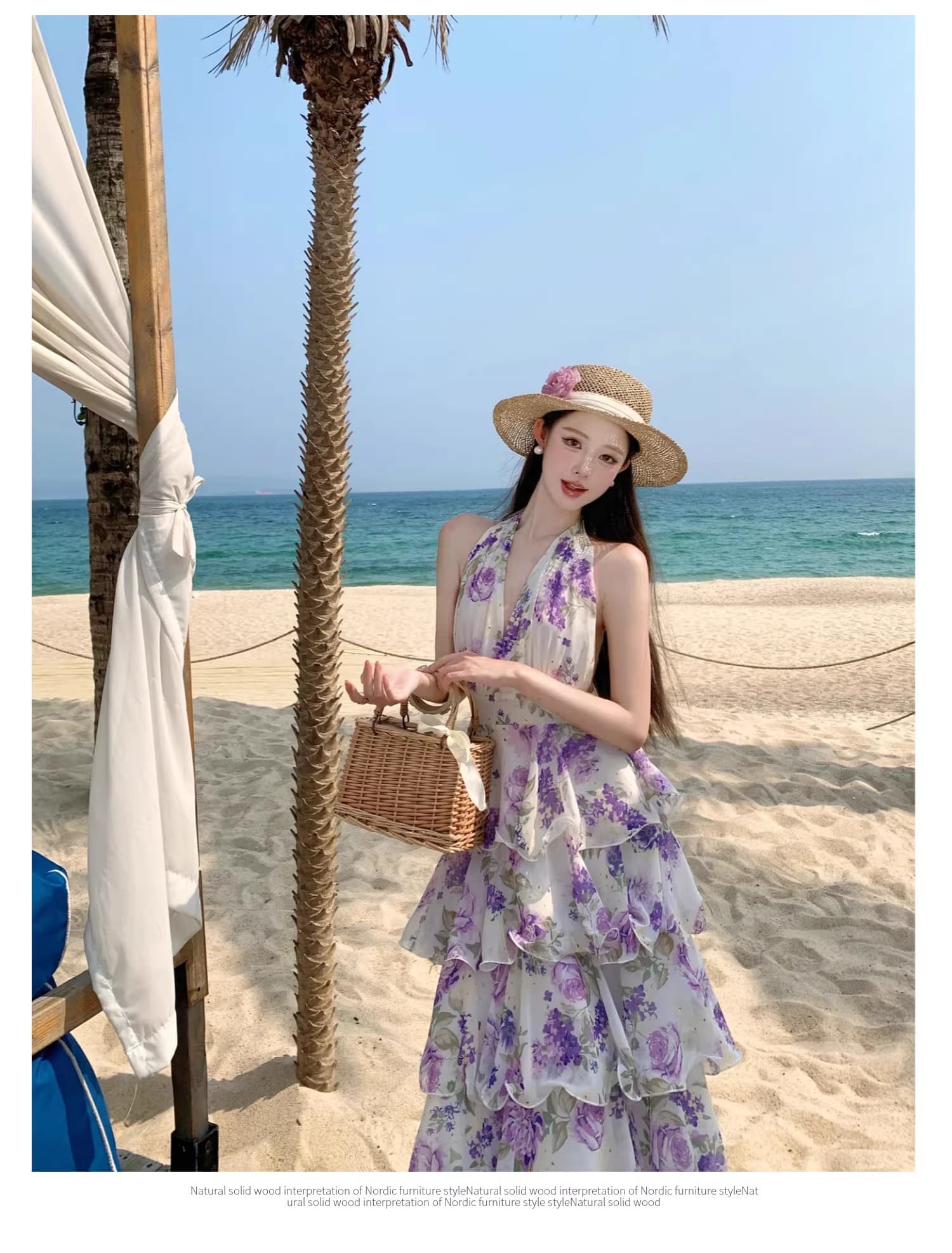 실사 프랑스식 휴가 바람 화이트 보라색 히비스커스 행침 목 쉬폰 케이크 롱 스커트 여성 V넥 드레스 상세 이미지 11