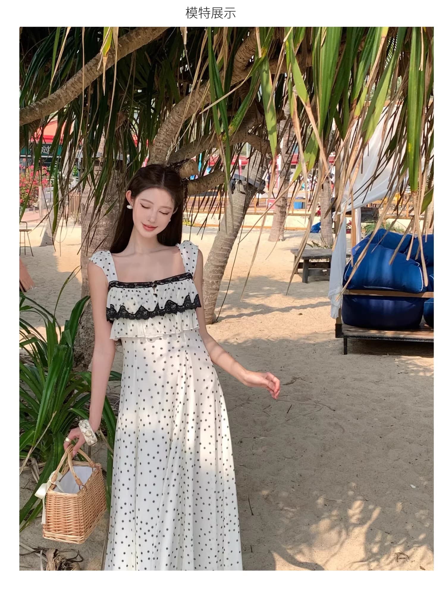 실사 디자인 센스 레이스 조각 도트 무늬 슬립 드레스 휴가 치마 상세 이미지 3