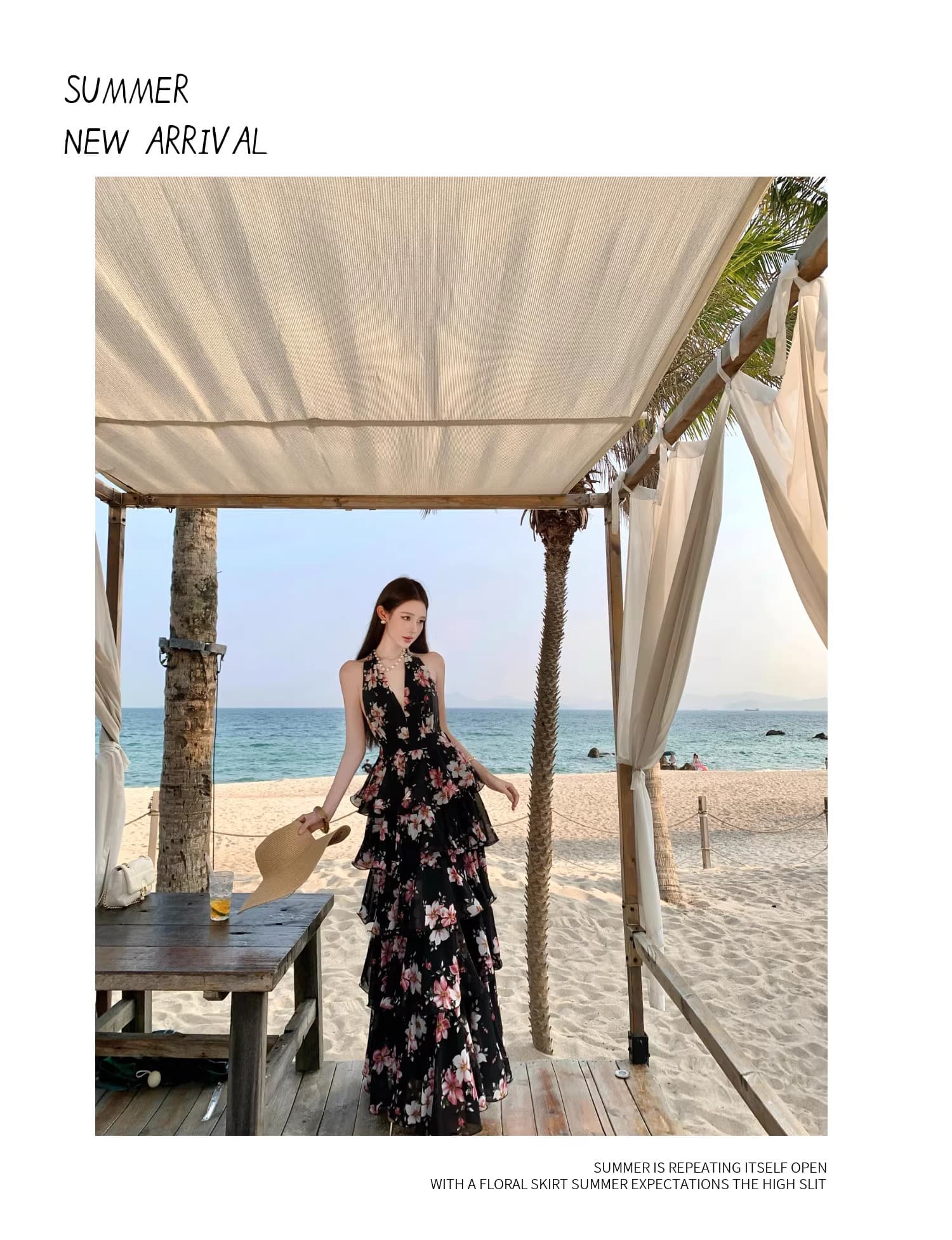 실사 프랑스식 휴가 바람 잉크 셈 분말 꽃 행침 목 쉬폰 케이크 롱 스커트 여성 V넥 드레스 상세 이미지 11