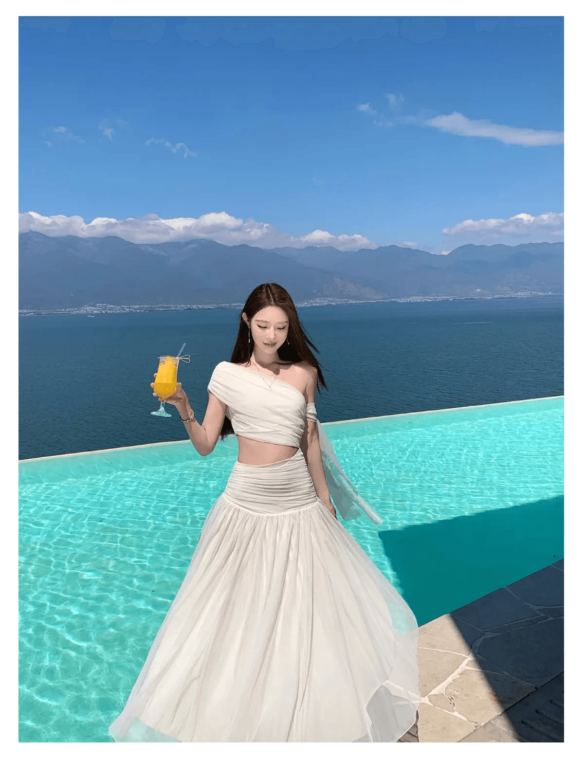 실사 프랑스식 민소매 비스듬한 어깨 망사 패치워크 드레스 휴가 품격 드레스 상세 이미지 7