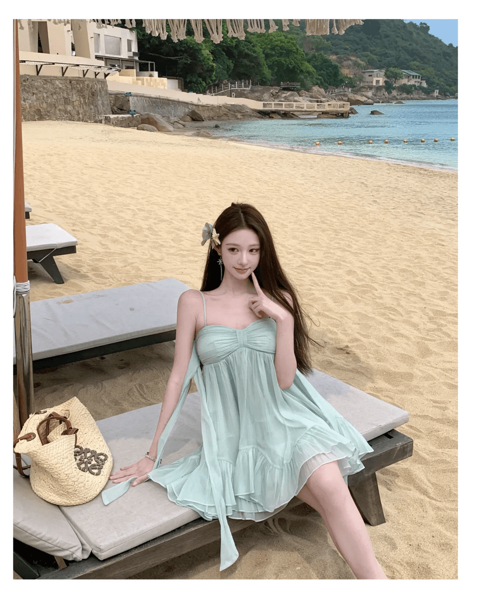 실사 프랑스식 소녀 나비 매듭 박하 녹색 슬립 미니 스커트 프릴 드레스 상세 이미지 14
