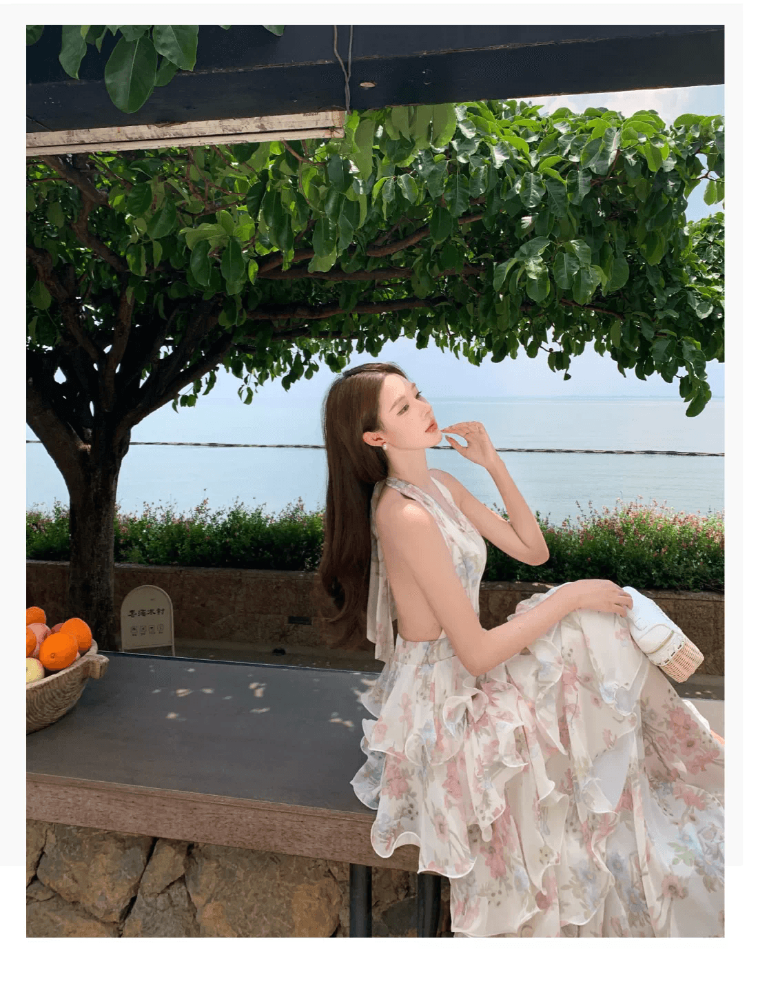실사 프랑스식 휴가 바람 모네 정원 행침 목 쉬폰 케이크 롱 스커트 여성 V넥 드레스 상세 이미지 10