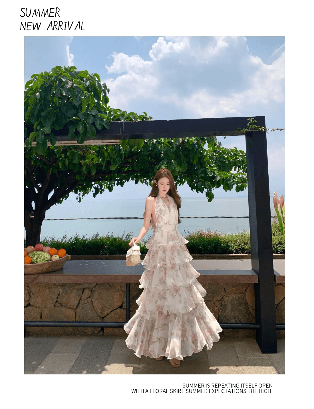 실사 프랑스식 휴가 바람 모네 정원 행침 목 쉬폰 케이크 롱 스커트 여성 V넥 드레스 상세 이미지 11
