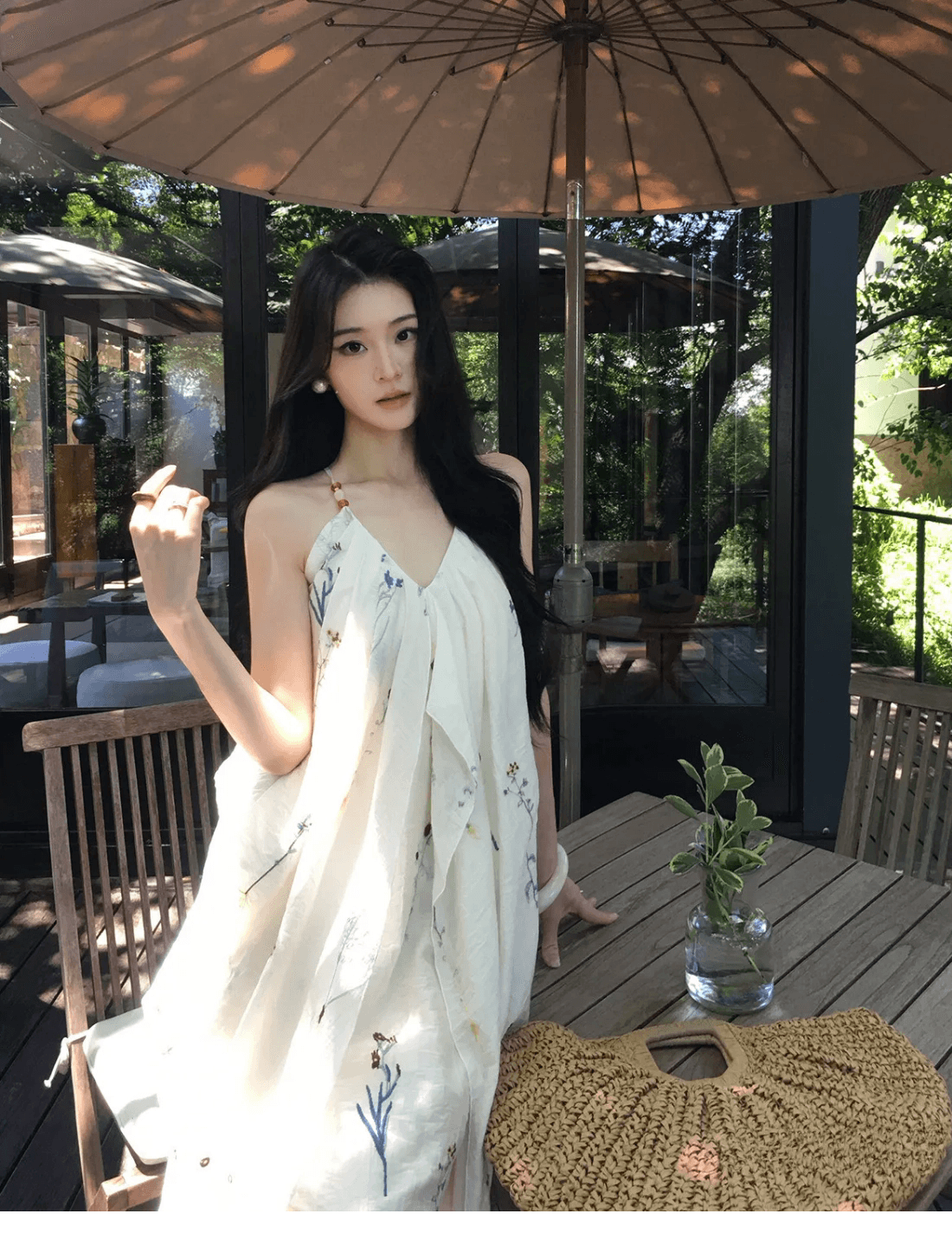 휴가 바람 자수 불규칙 민소매 행침 목 슬립 여성 드레스 여름 백리스 해변 길다 치마 상세 이미지 1