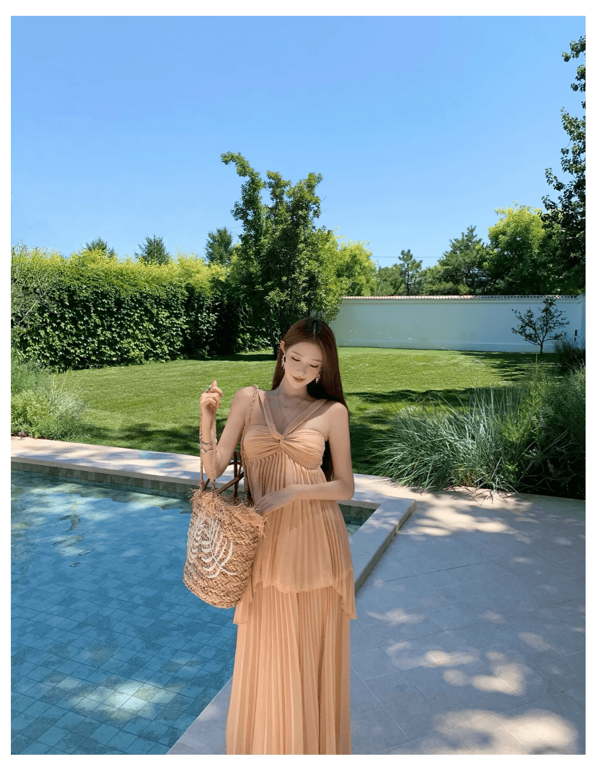 실사 하나 달콤한 복숭아 분말 안개 모네 단색 슬립 행침 목 맨위 플리츠 반신 스커트 세트 상세 이미지 7