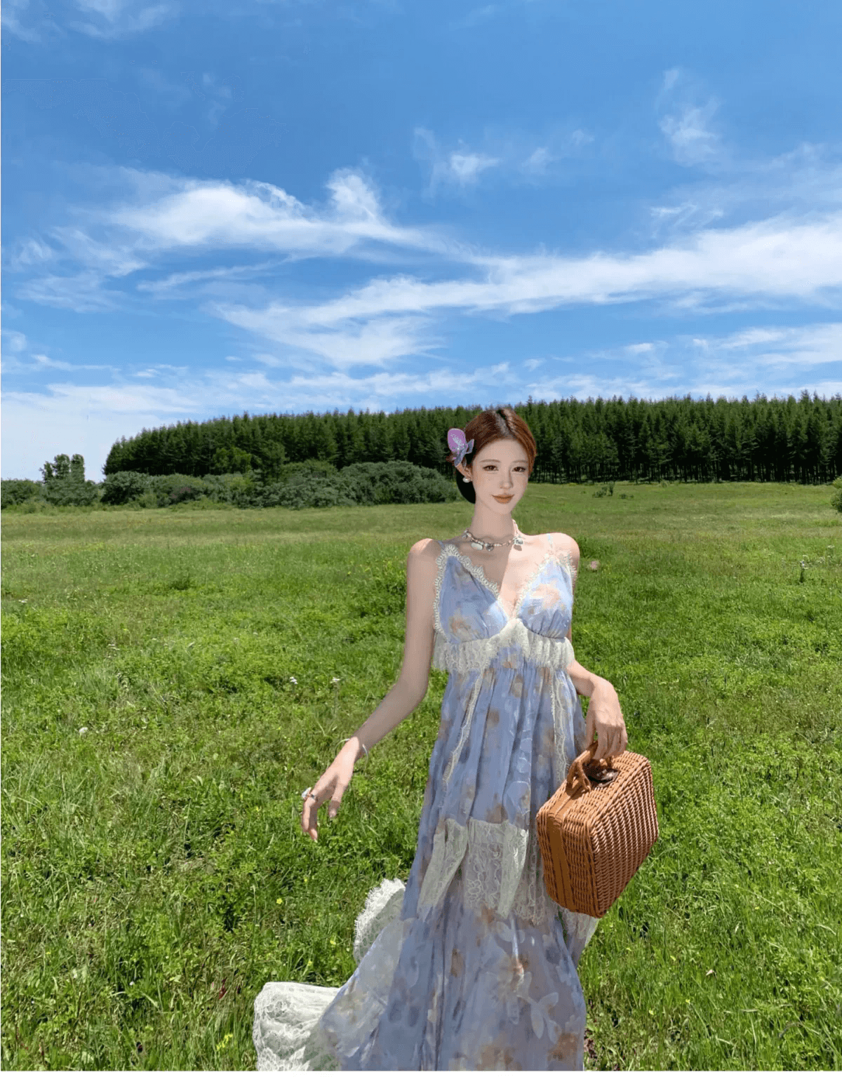 실사 부드러운 바람 레이스 프린트 드레스 불규칙 V넥 연꽃 잎 롱 스커트 품격 대 치마 슬립 드레스 여름 상세 이미지 1
