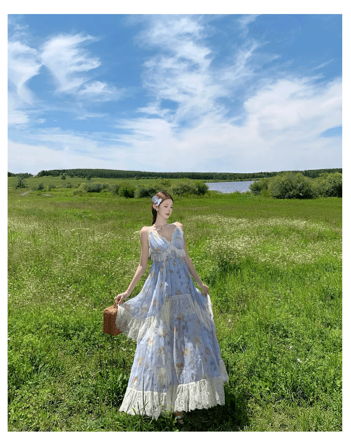 실사 부드러운 바람 레이스 프린트 드레스 불규칙 V넥 연꽃 잎 롱 스커트 품격 대 치마 슬립 드레스 여름 상세 이미지 13