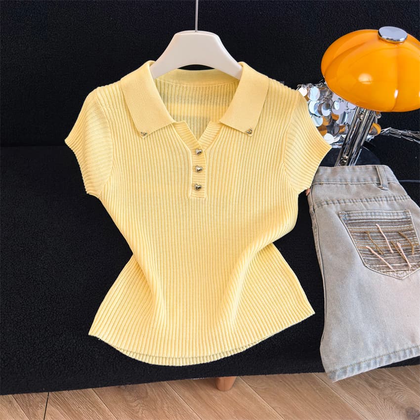 한 부서 하트 단추 POLO 칼라 반팔 니트 스웨터 여성 2026 여름 새로운 고유 한 다용도 품격 맨위 이미지 4