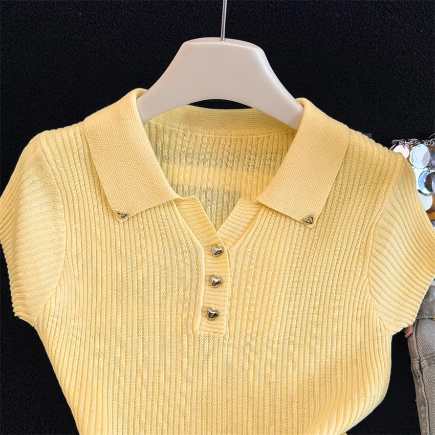 한 부서 하트 단추 POLO 칼라 반팔 니트 스웨터 여성 2026 여름 새로운 고유 한 다용도 품격 맨위 상세 이미지 12